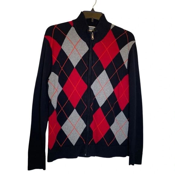 INC International Concepts mens size Large Black Red Zip Up Andie Argyle Sweater - Picture 2 of 7